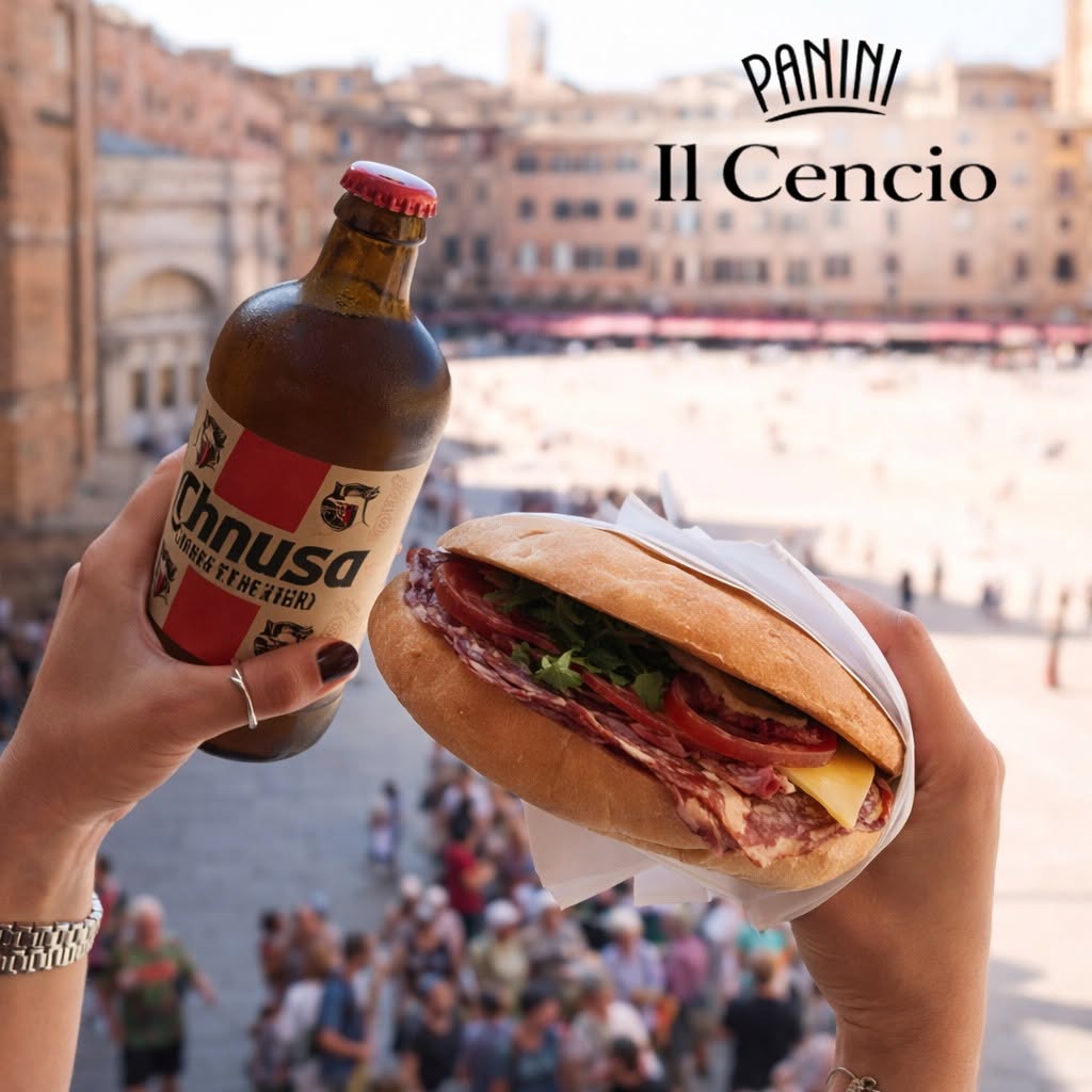 Panino e birra davanti a Piazza del Campo